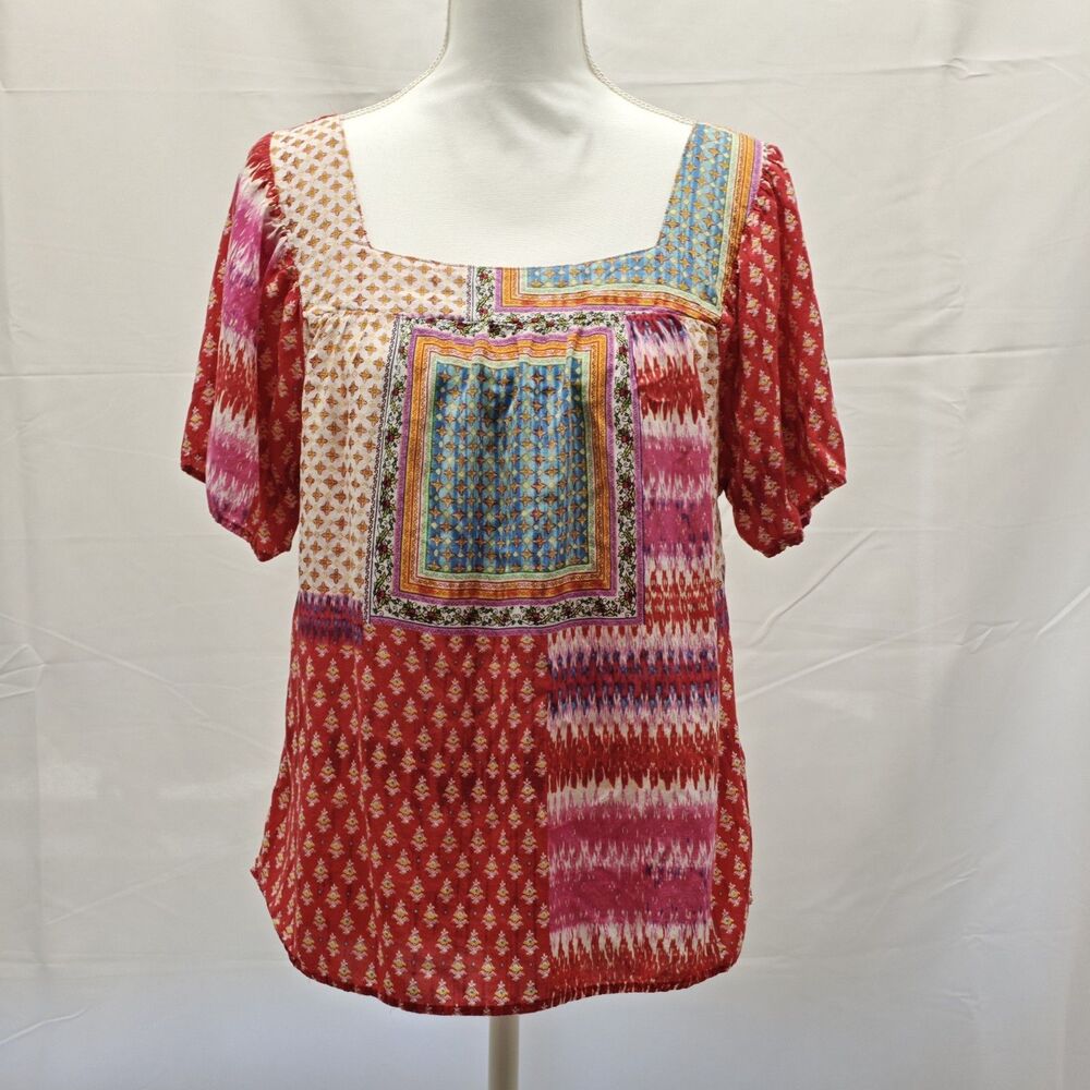 Grand & Greene Womens L Red Pink Patchwork Print Rayon Boho Peasant Blouse Shirt